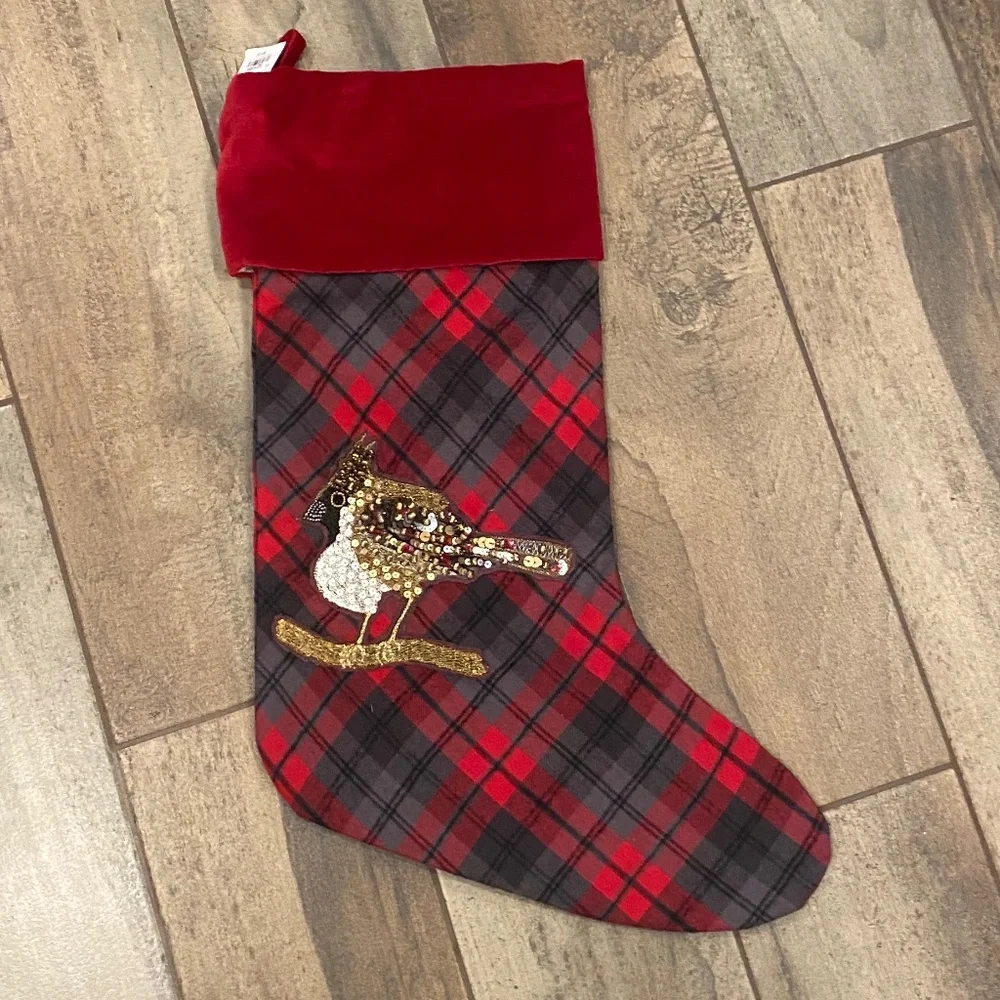 Embellished Jeweled Bird Plaid Christmas Stocking - Pottery Barn - Picture 3 of 6